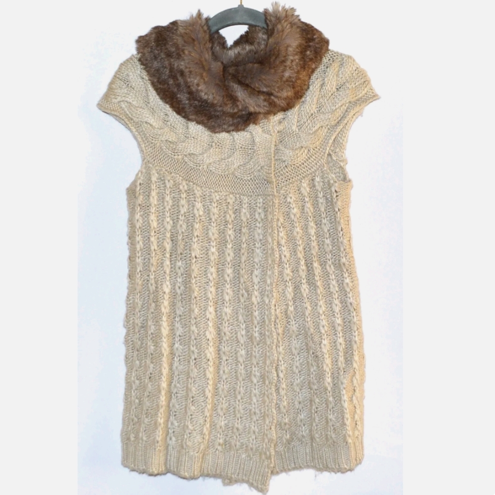 CYNTHIA ROWLEY Knit Sweater Vest Faux Fur Collar Size XS